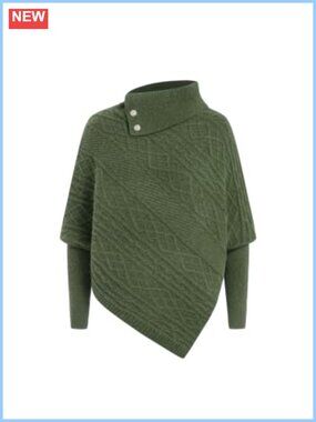 Cable Knit Turtleneck Poncho Sweater Asymmetric High Neck Button Detail